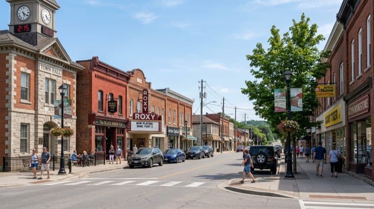 Mill Street East in downtown Acton, Ontario, the small-town main street in Halton Hills.