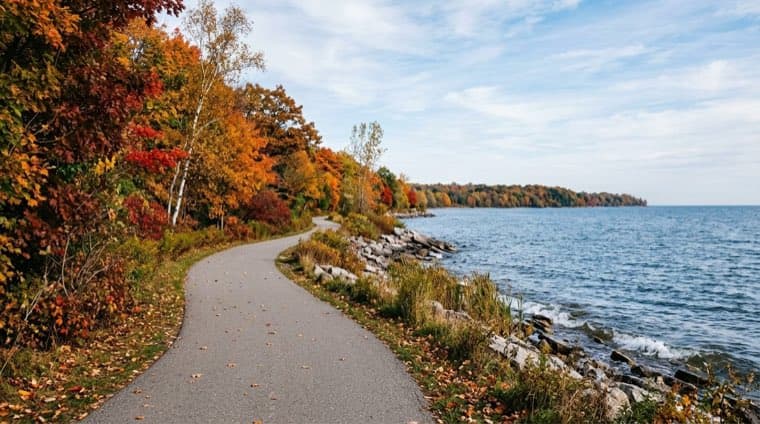 The Ajax waterfront trail along Lake Ontario in autumn.