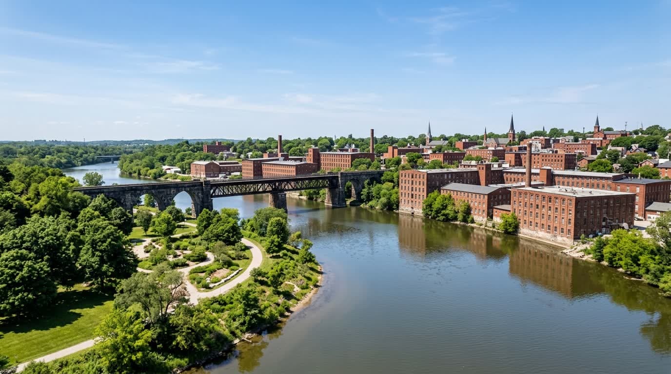 The Grand River curving through parkland in Brantford, Ontario, past a bridge and red brick industrial-era buildings.