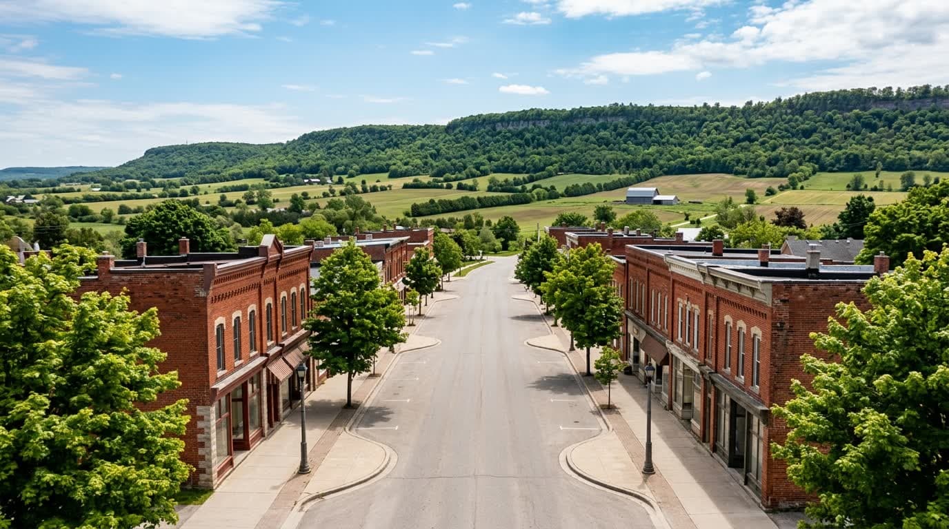 A historic main street of two-storey red brick shopfronts in Halton Hills, Ontario, with the Niagara Escarpment ridge and farmland beyond.