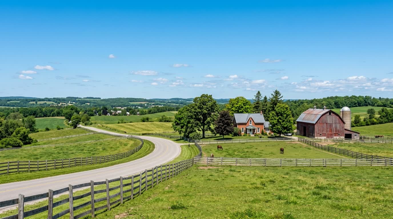 Rolling countryside in King Township, Ontario — a two-lane road between split-rail fences with a farmhouse and barn in the distance.
