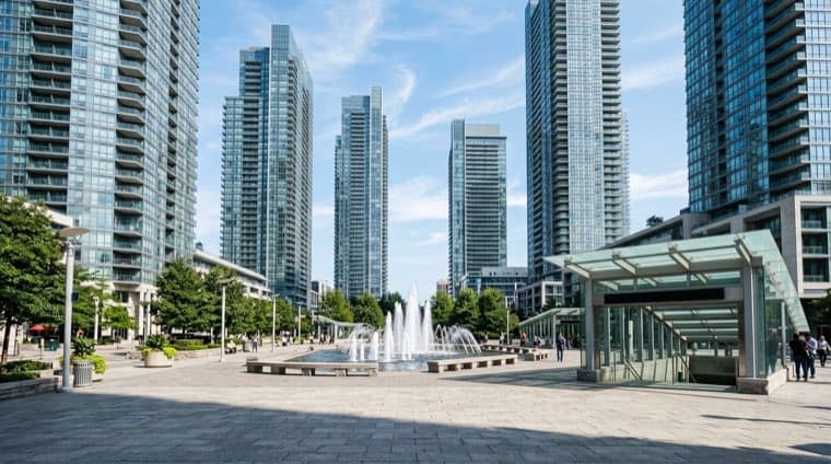 Glass towers and the public square at North York Centre in Toronto.