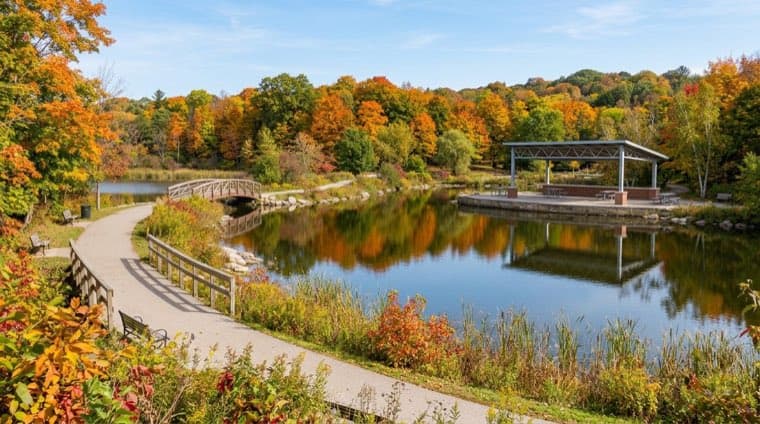 The footbridge and pavilion at Mill Pond Park in Richmond Hill, Ontario, in autumn.