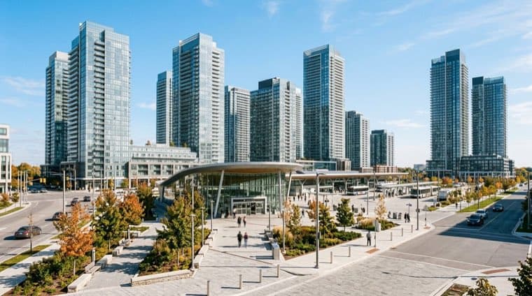 Glass condo towers at the Vaughan Metropolitan Centre transit plaza in Vaughan, Ontario.