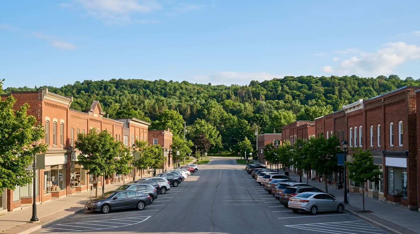 A small-town main street of low brick storefronts in Whitchurch-Stouffville, Ontario, with the wooded Oak Ridges Moraine beyond.