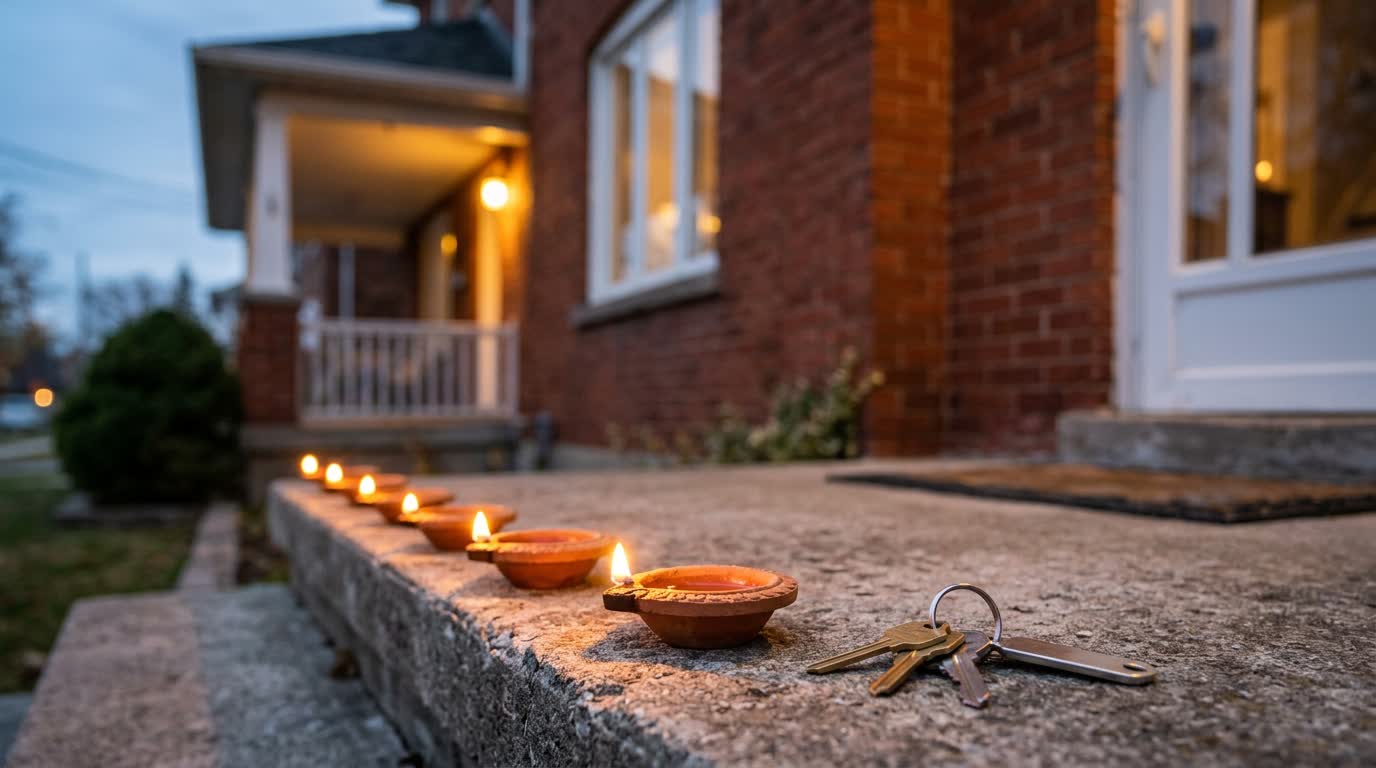 Clay diyas burning in a line along the front step of a red-brick house at dusk, a set of house keys lying beside the nearest one.