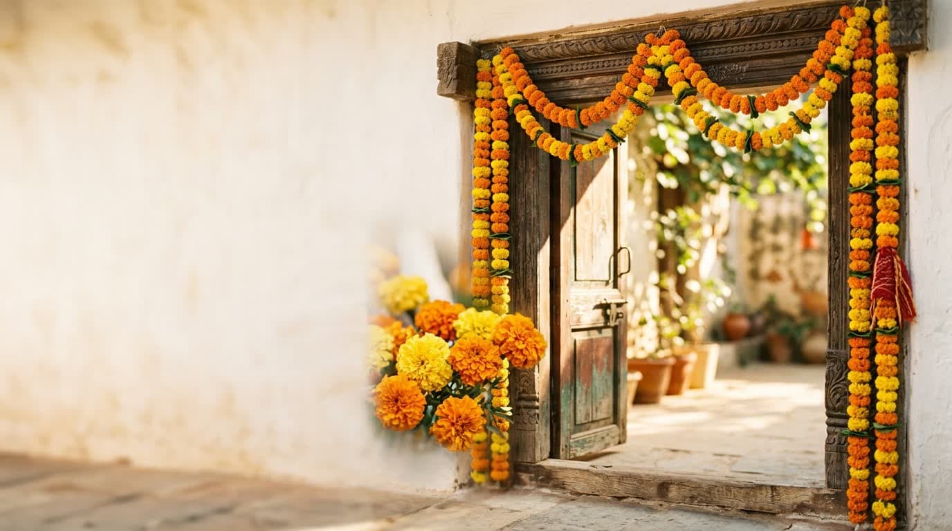 Orange and yellow marigold garlands looped across a carved wooden doorframe, the door standing open onto a sunlit courtyard.