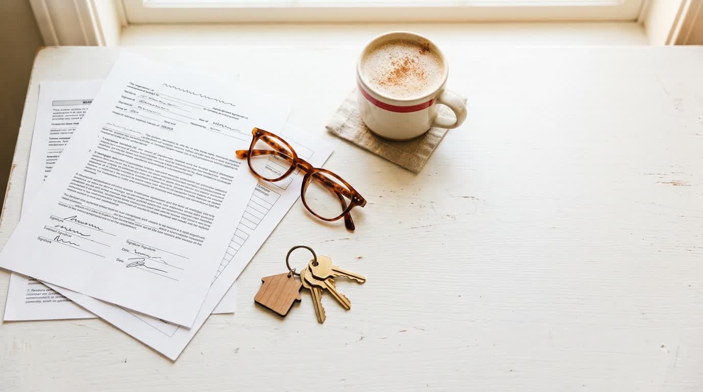 Signed agreement pages, reading glasses and a set of keys on a wooden house-shaped fob laid out on a sunlit white table beside a cup of chai — the paperwork these guides walk through.