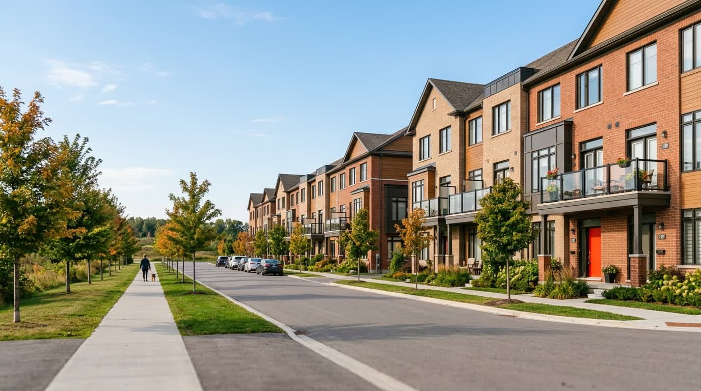 A long row of new brick townhouses with young maples along the sidewalk — the kind of street that repeats across every market on this page.