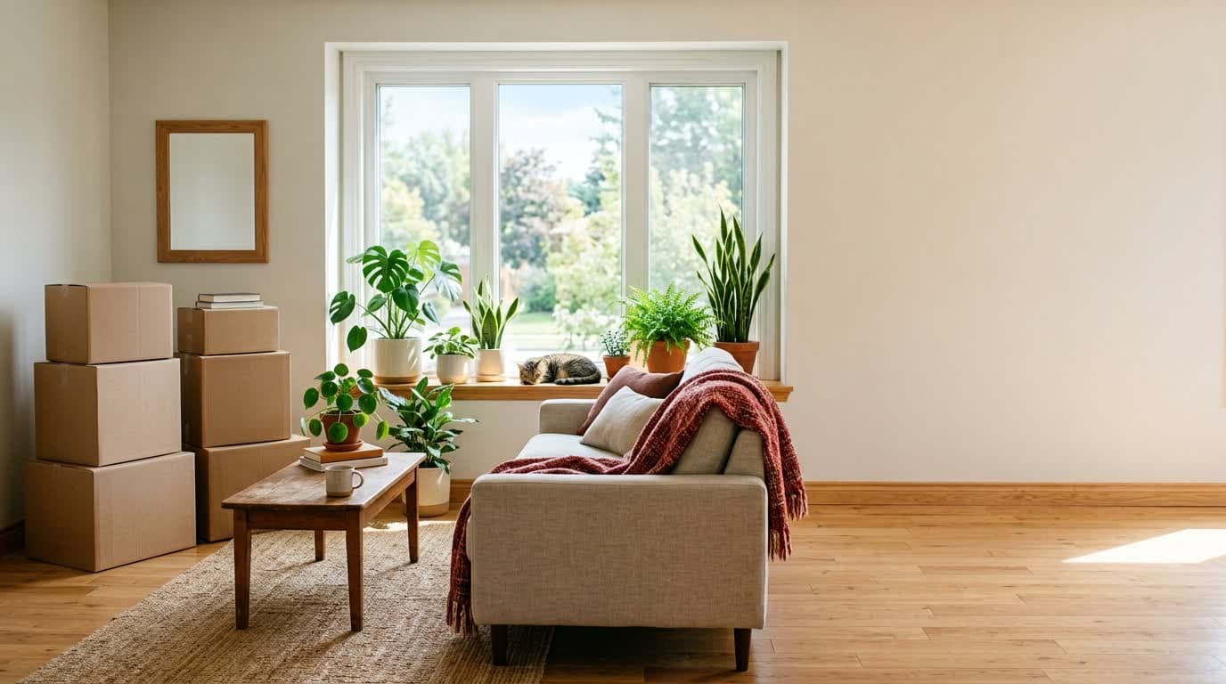 Cardboard boxes stacked beside a pale sofa in a sunlit living room, houseplants already lined up along the bay window — the first week at a new GTA address.