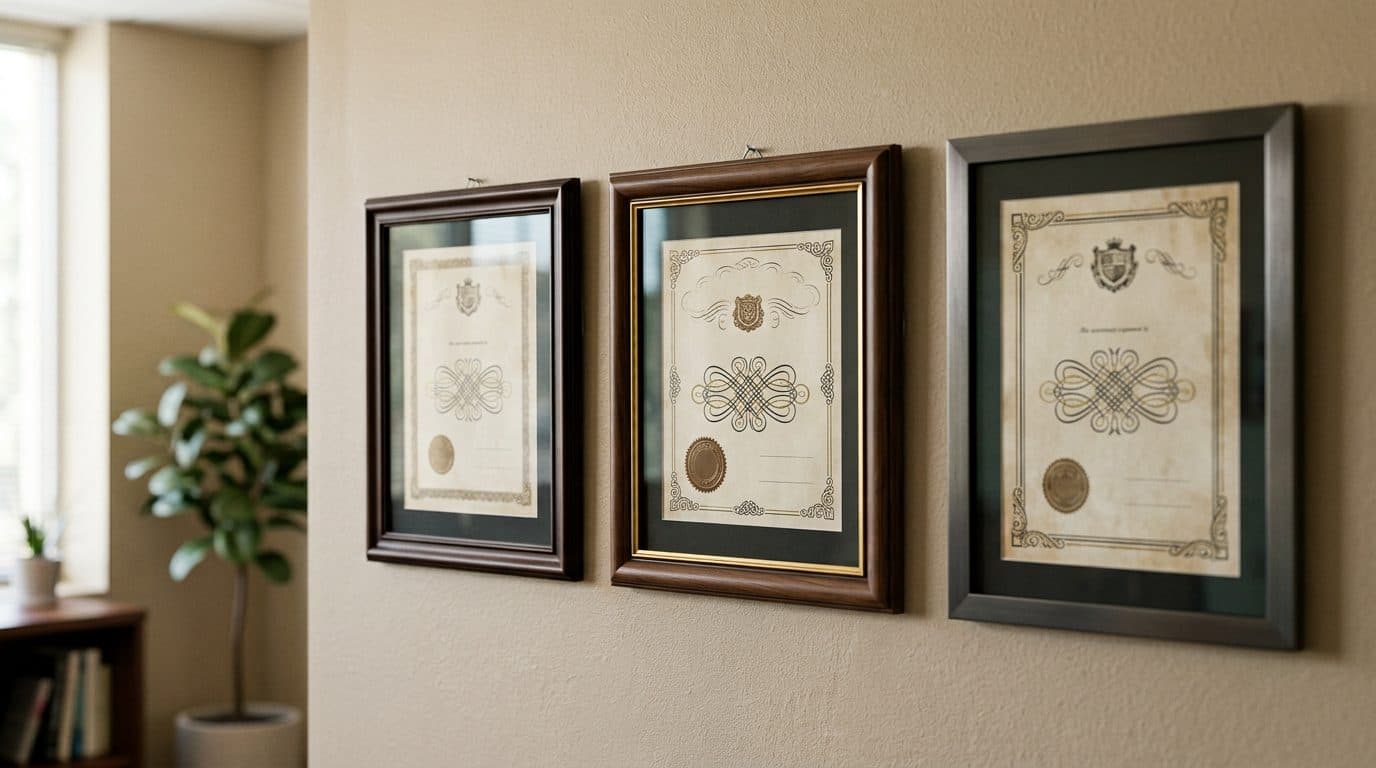 Three framed professional certificates on an office wall.