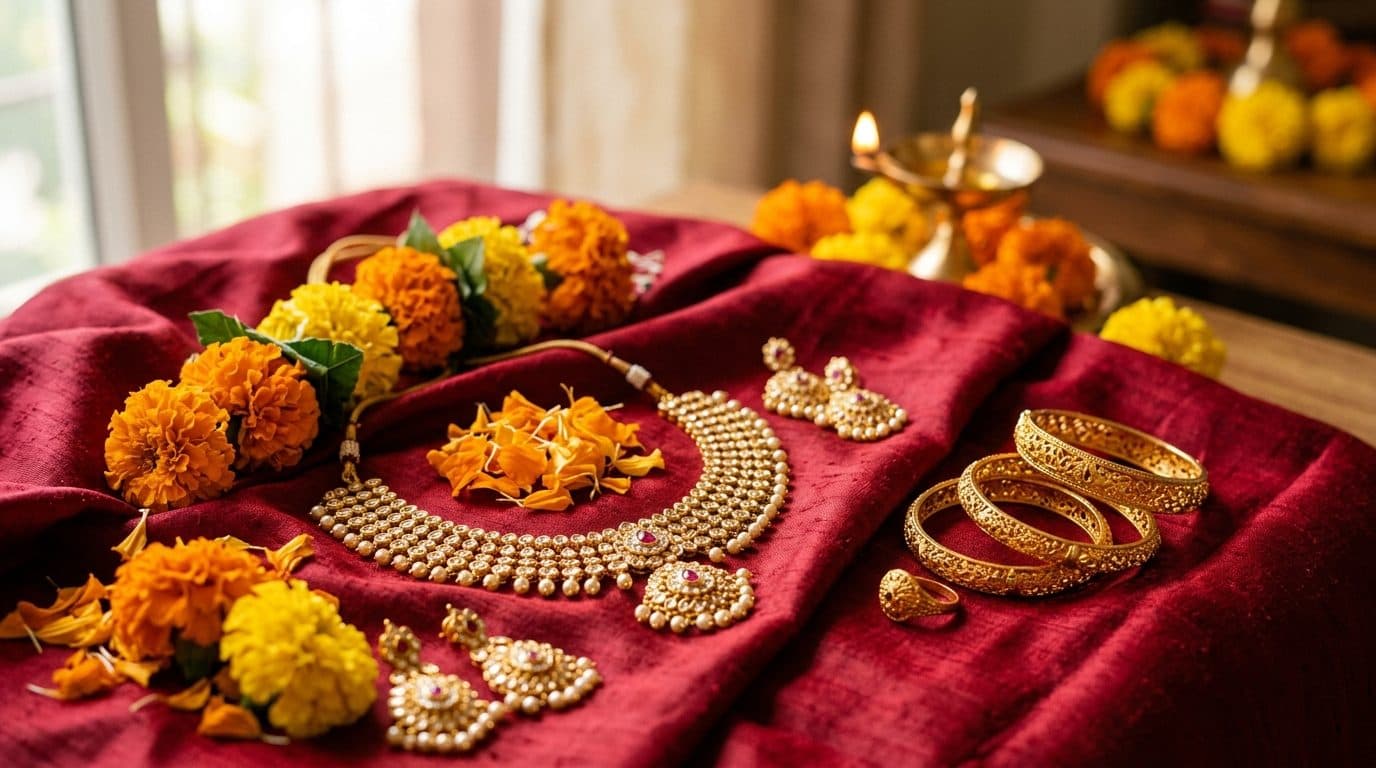 Gold jewellery and marigolds on deep red silk, the traditional Akshaya Tritiya purchase.