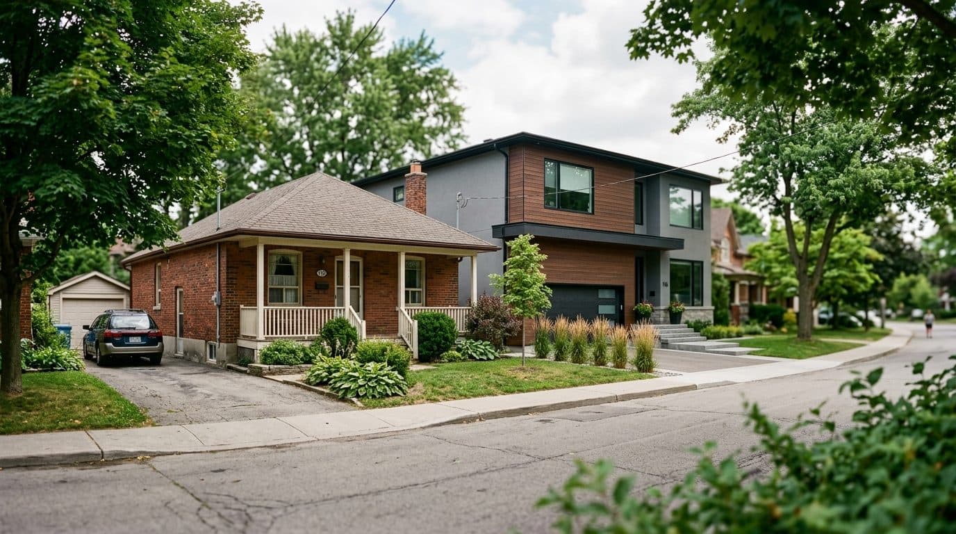 An older Ontario bungalow beside a new-build two-storey house on the same street.