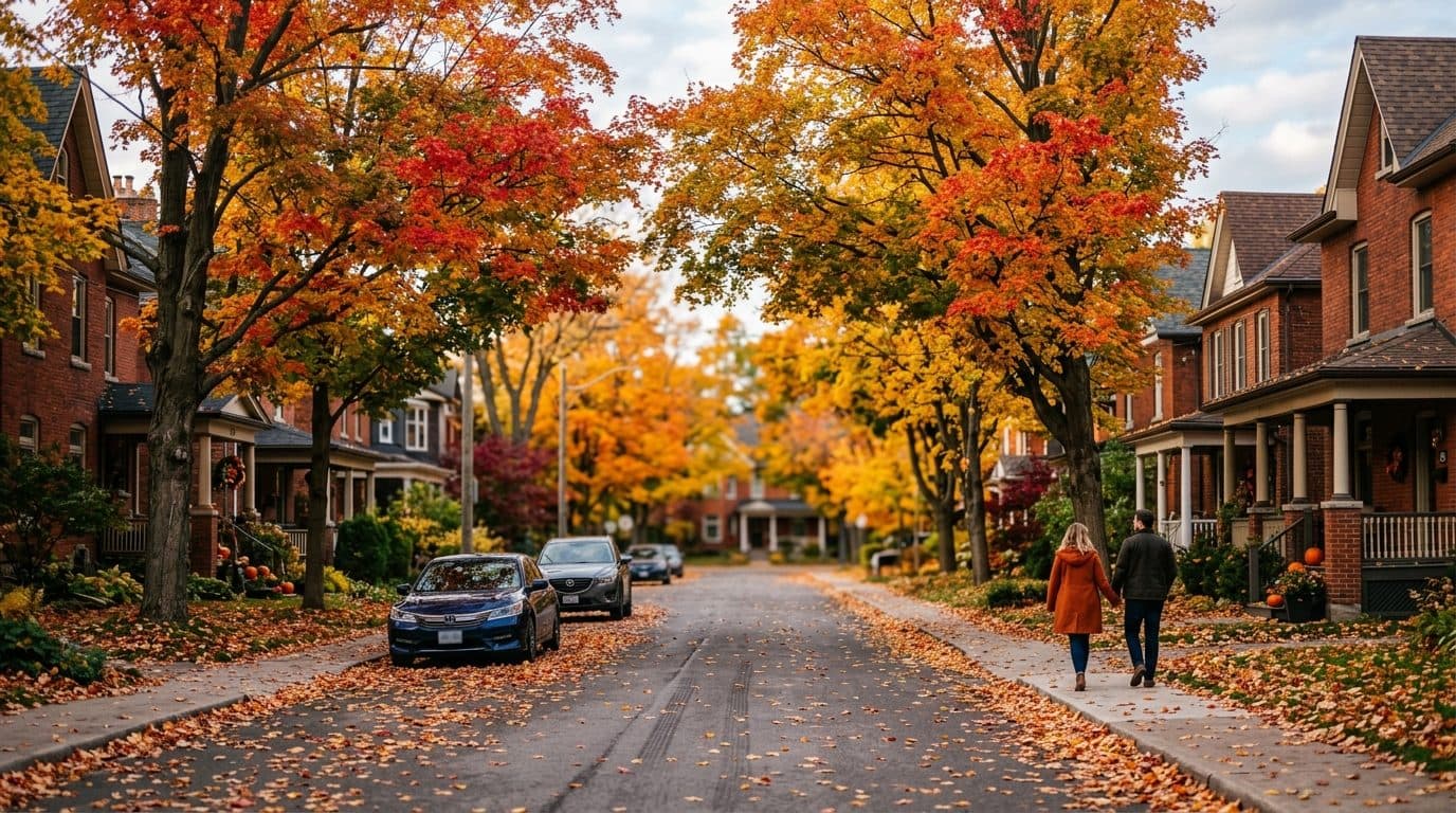 A residential Ontario street lined with maples at peak autumn colour.