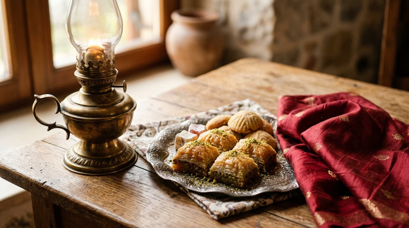 A brass oil lamp beside a tray of sweets and folded red silk on a wooden table.