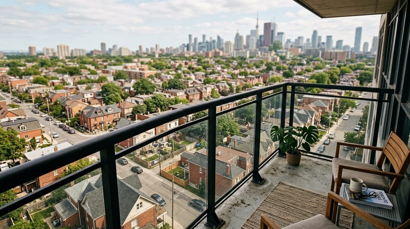 The balcony of a Toronto rental apartment looking out over low-rise houses toward the downtown skyline.