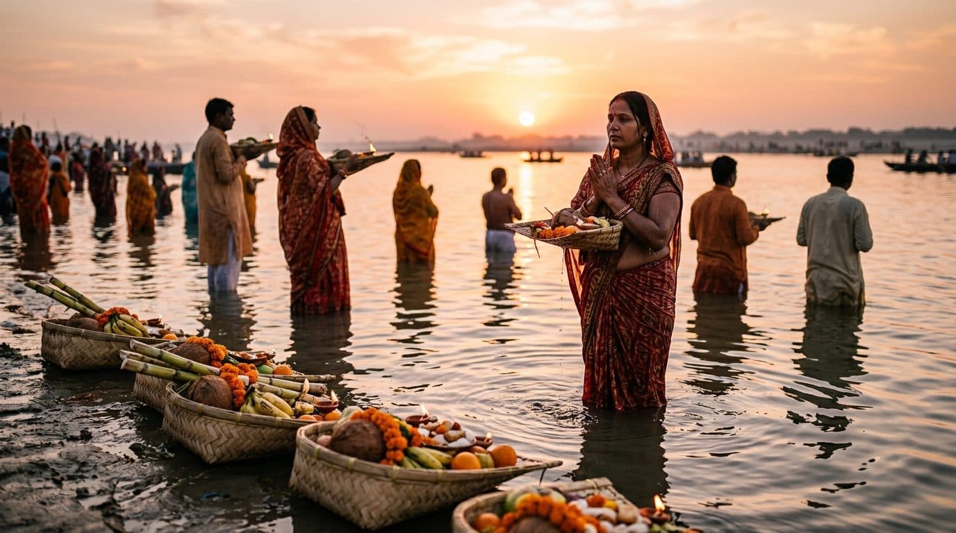 Devotees standing in shallow water with baskets of offerings at sunrise during Chhath Puja.
