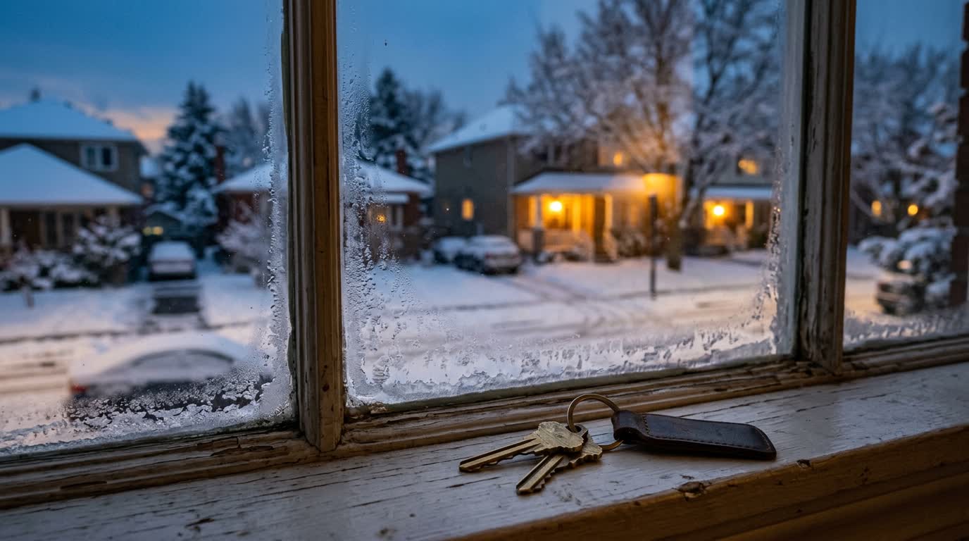 A snowy Canadian street at dusk seen through a frosted window, with house keys resting on the sill.