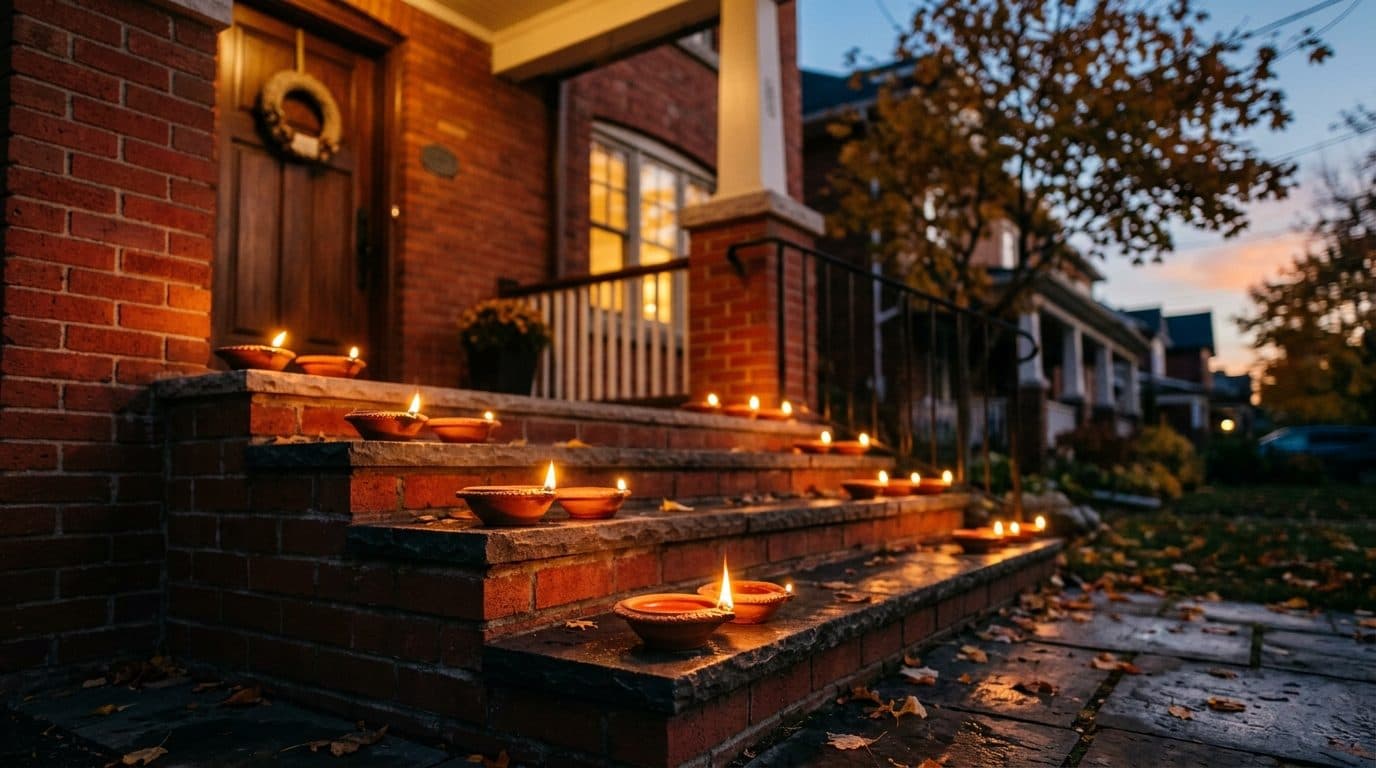 A row of lit clay diya oil lamps along the front steps of a red-brick Canadian house at dusk on Diwali.