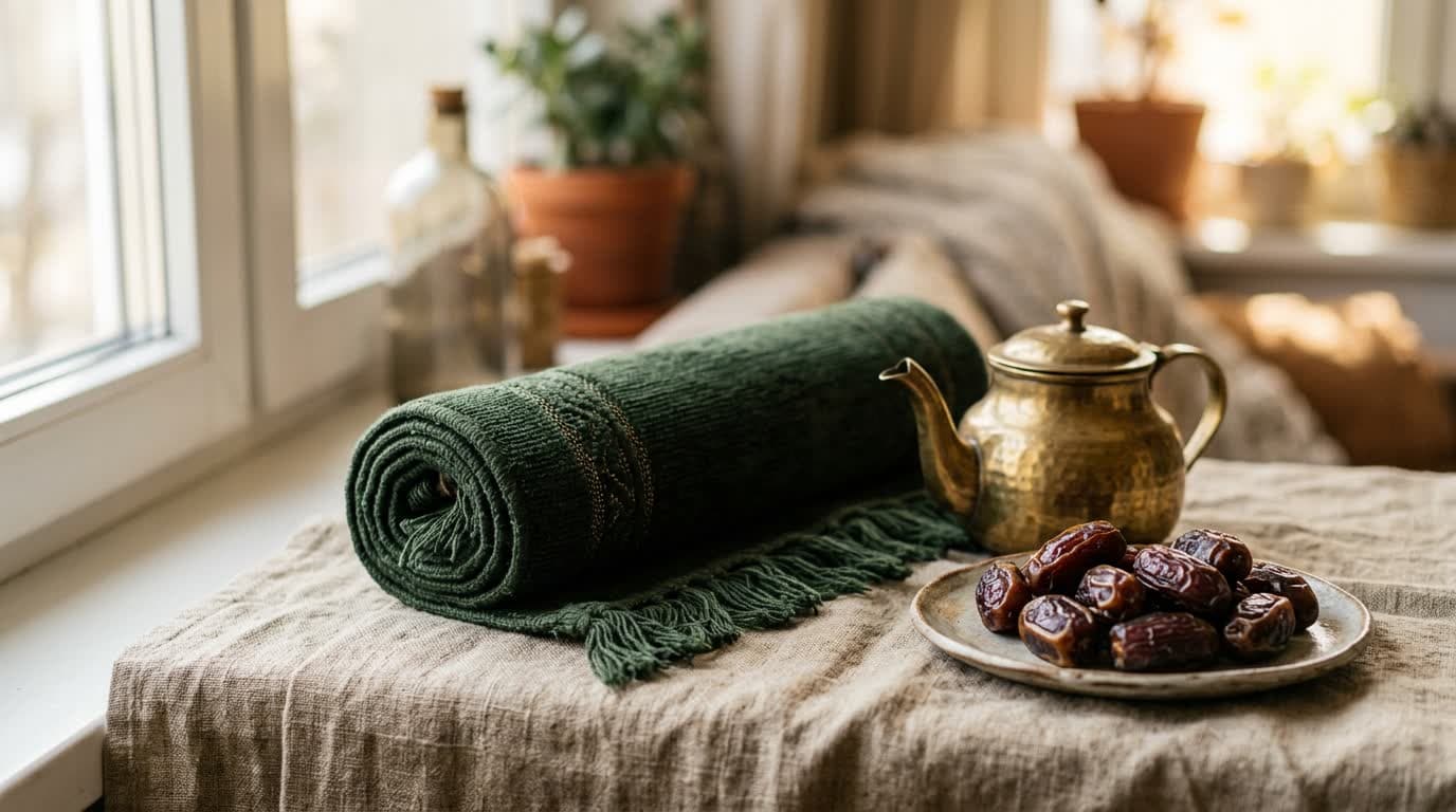 A rolled prayer mat beside a plate of dates and a brass teapot on a linen cloth.