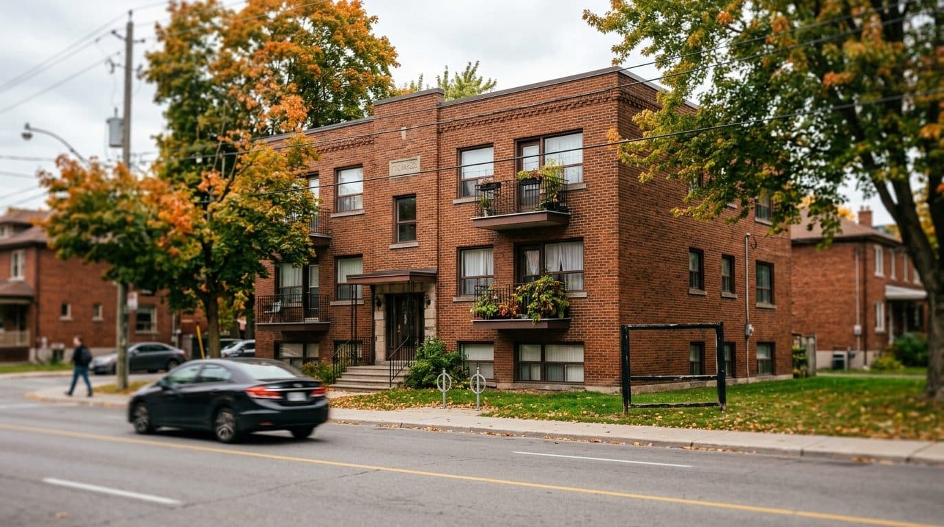 A brick low-rise Ontario apartment building seen from across the street.