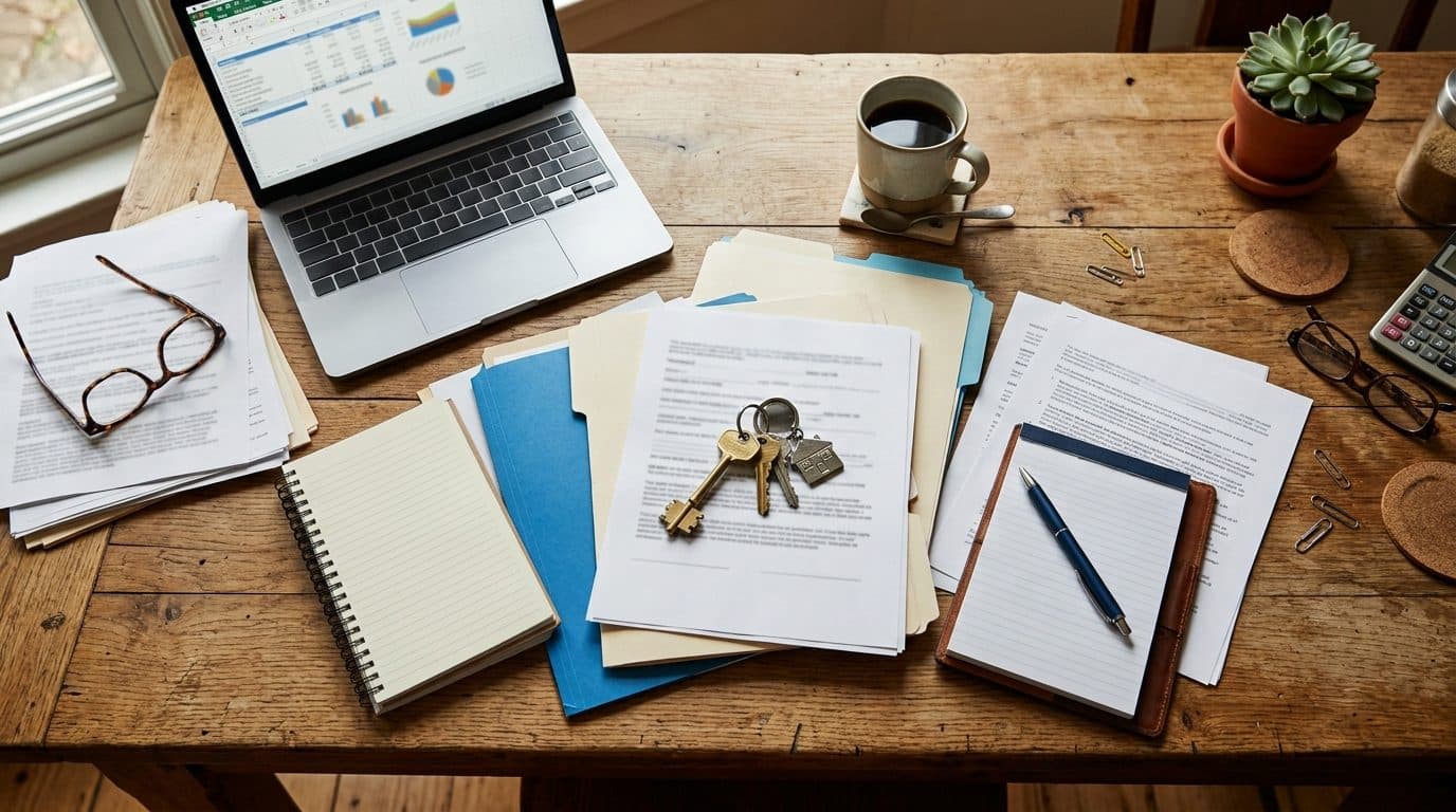 The paperwork of a home purchase spread across a kitchen table with keys and a laptop.