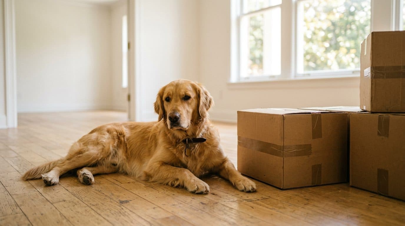 A golden retriever lying on the floor of a bright empty living room beside unpacked moving boxes.