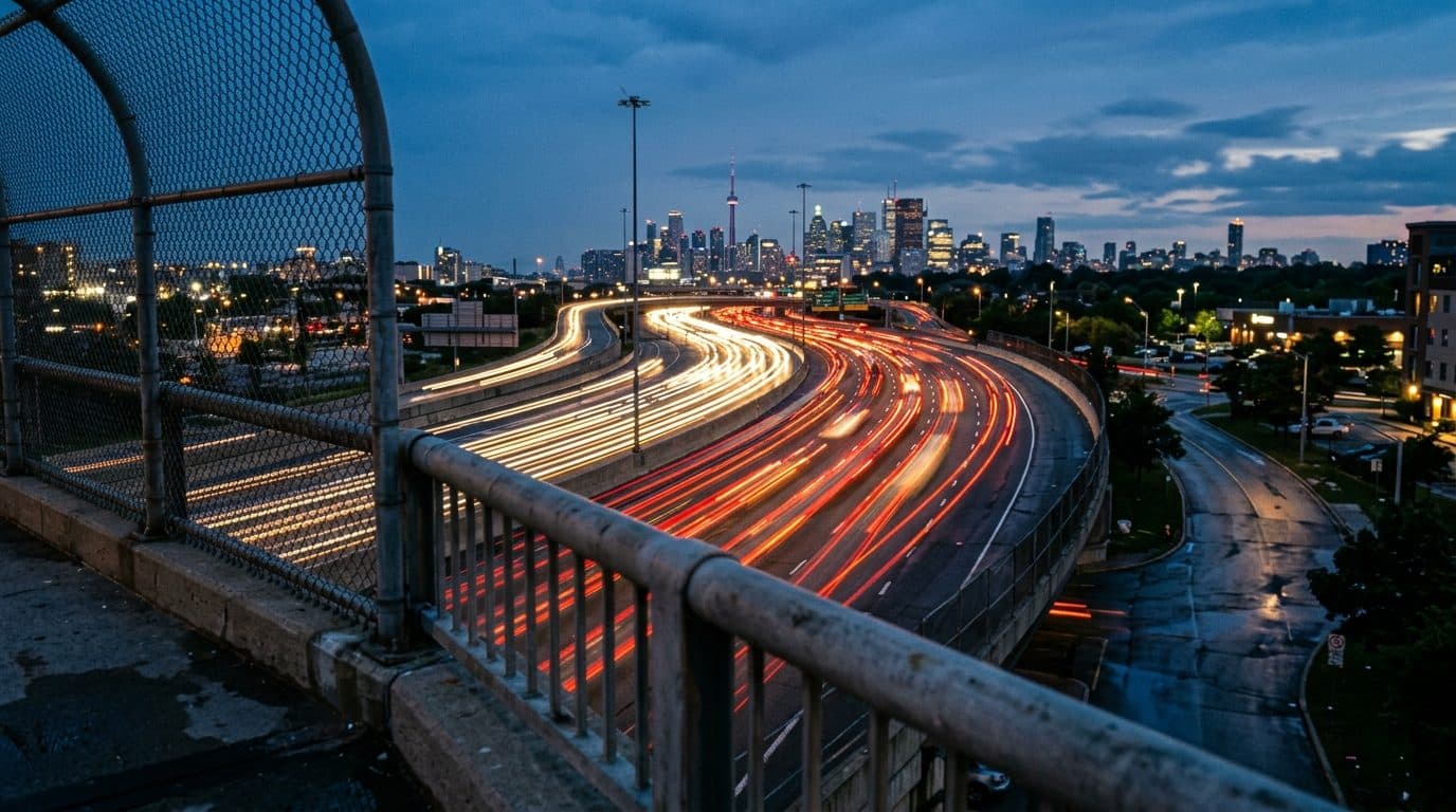Headlights and tail lights streaking along a Greater Toronto Area highway at dusk.
