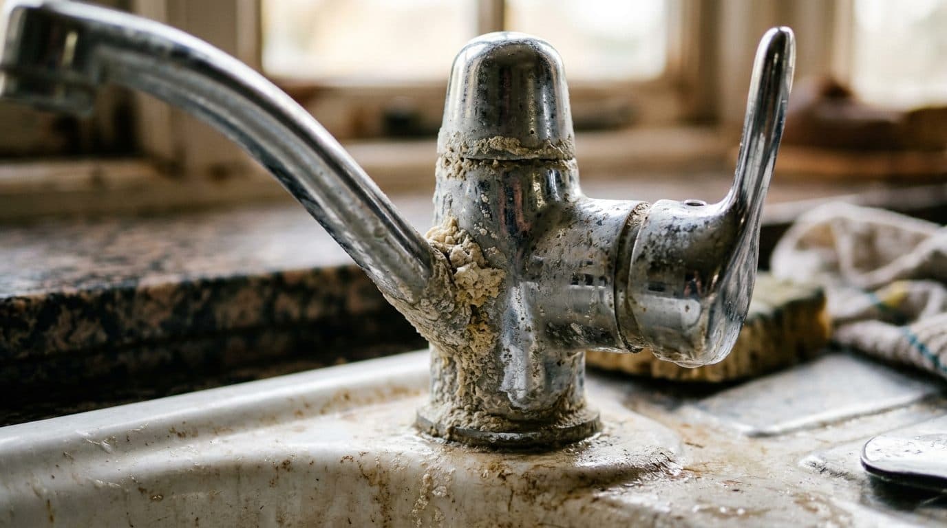 Hard-water mineral deposits built up on a chrome kitchen tap.