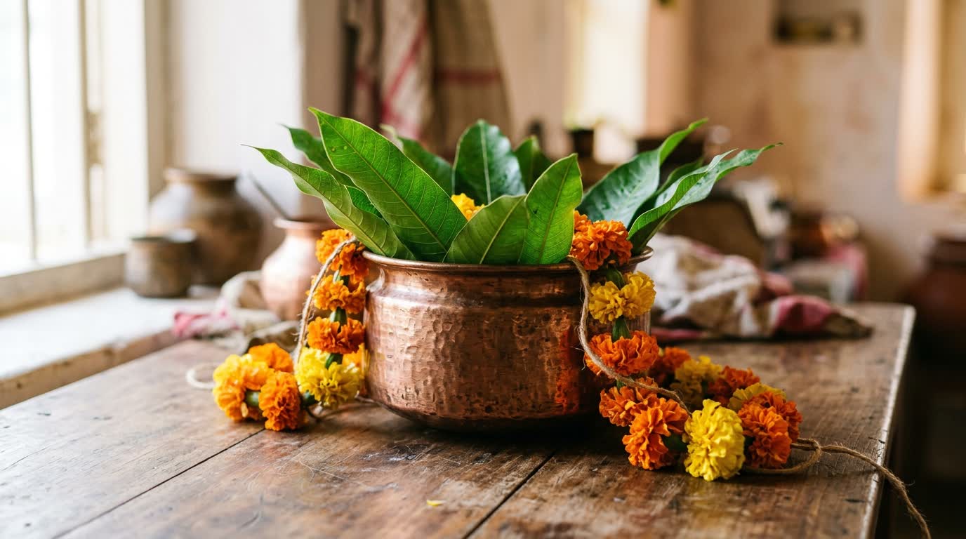 A copper pot of fresh mango leaves and a marigold garland on a scrubbed wooden table.
