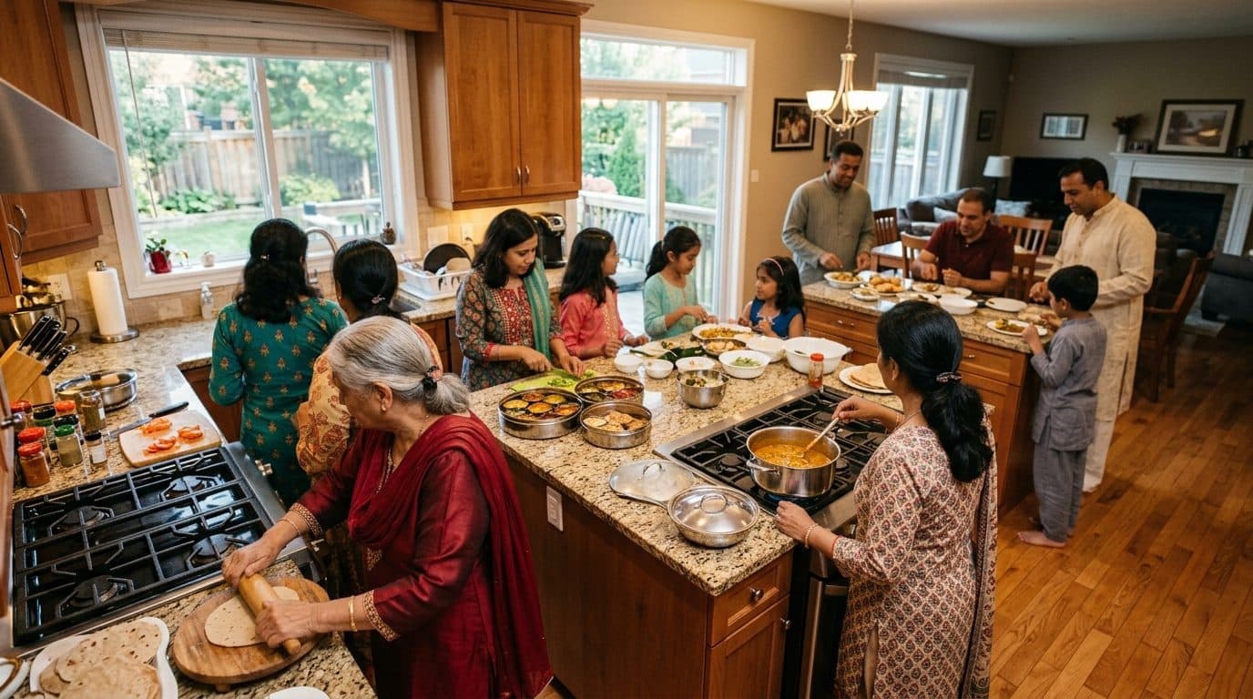 A large Indian-Canadian family cooking together in the open-plan kitchen of a suburban home.