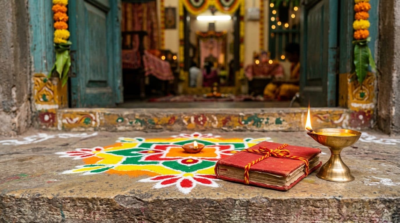 A fresh rangoli, a red cloth-bound ledger and a lit brass lamp on a doorstep for Bestu Varas, the Gujarati New Year.