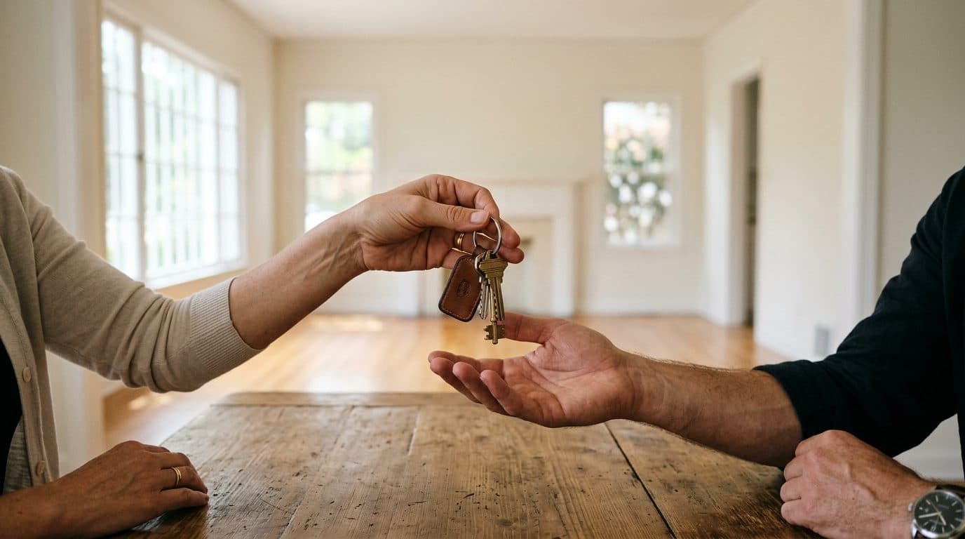 A set of house keys passed from one pair of hands to another in a bright empty living room.