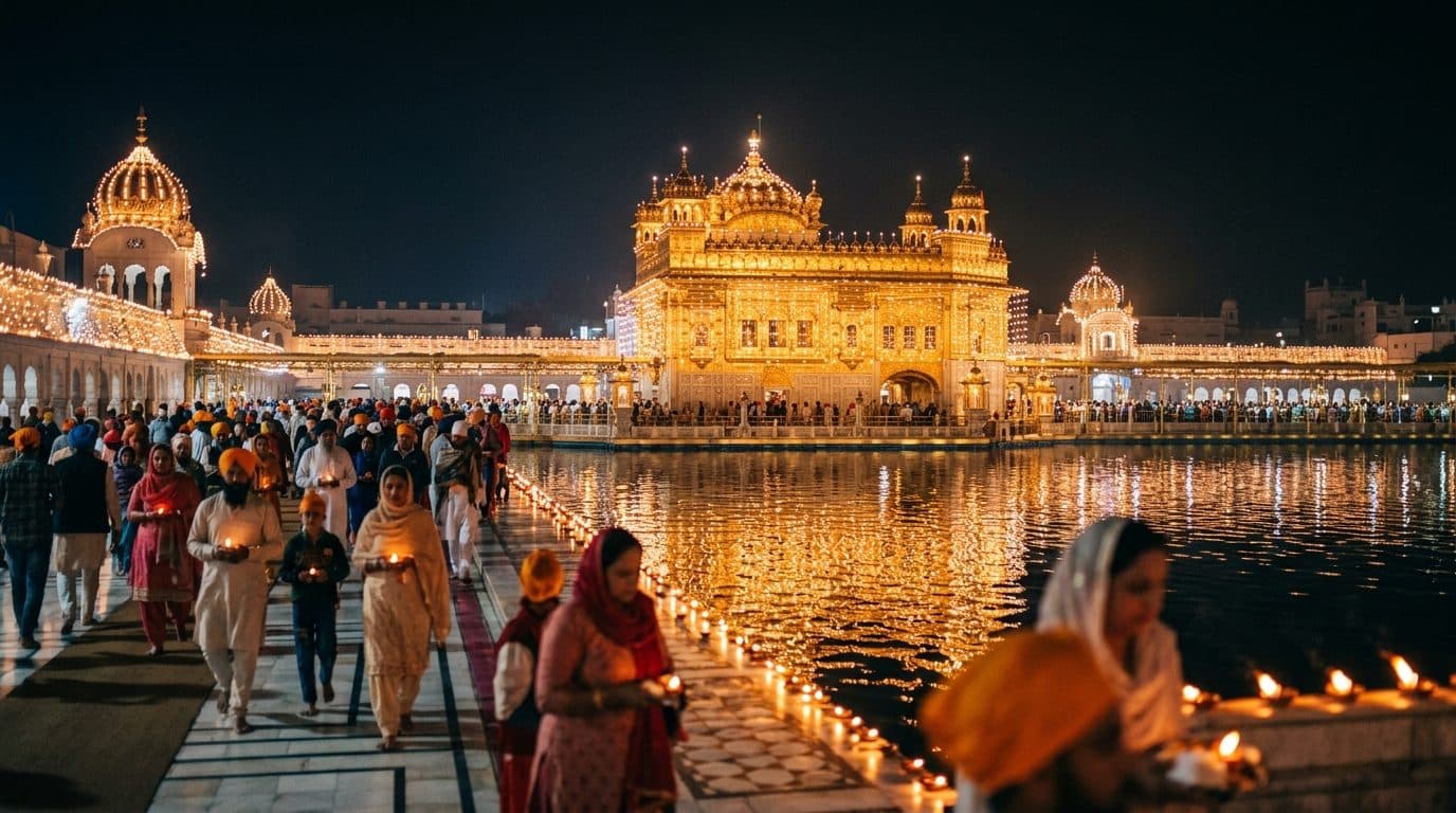 A gurdwara lit with thousands of lamps at night for Guru Nanak Gurpurab.
