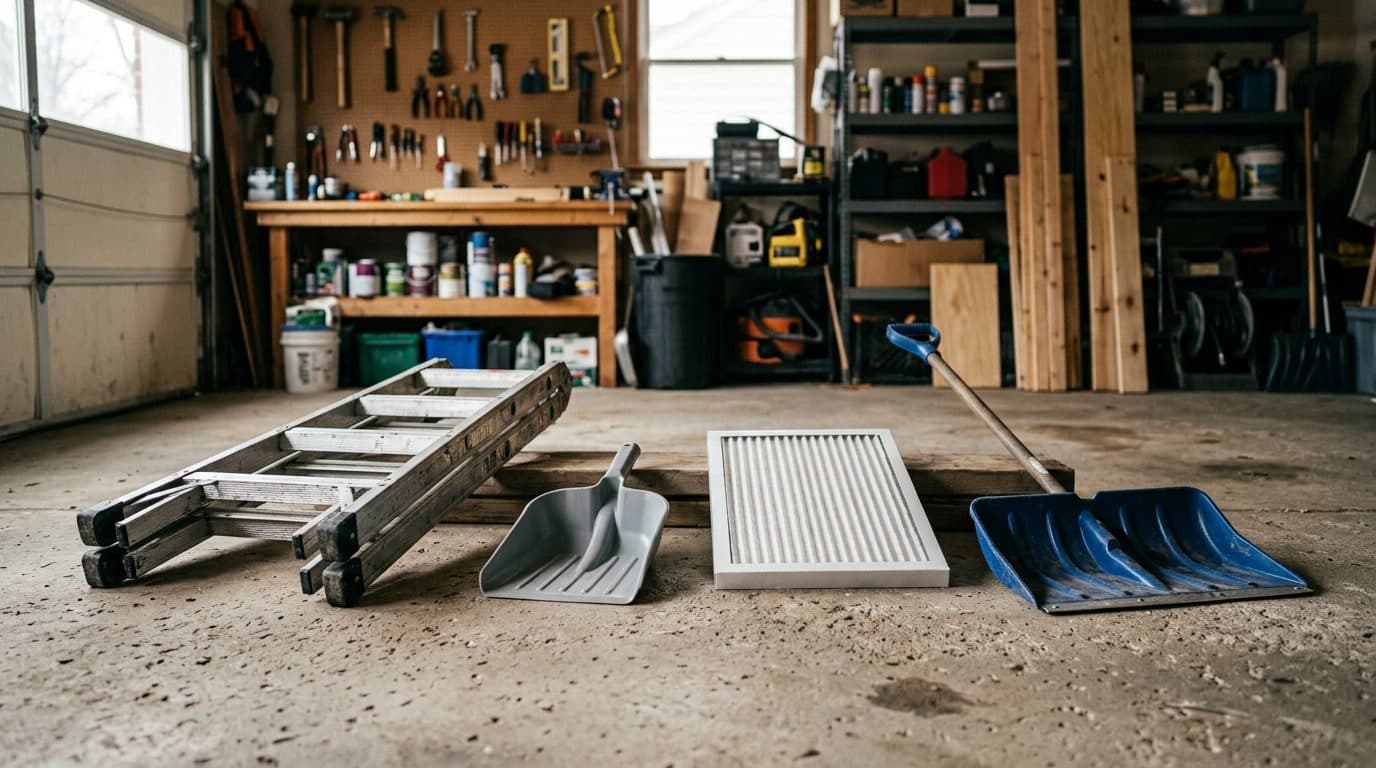 Seasonal home maintenance tools laid out on a garage floor: a ladder, gutter scoop, furnace filter and snow shovel.