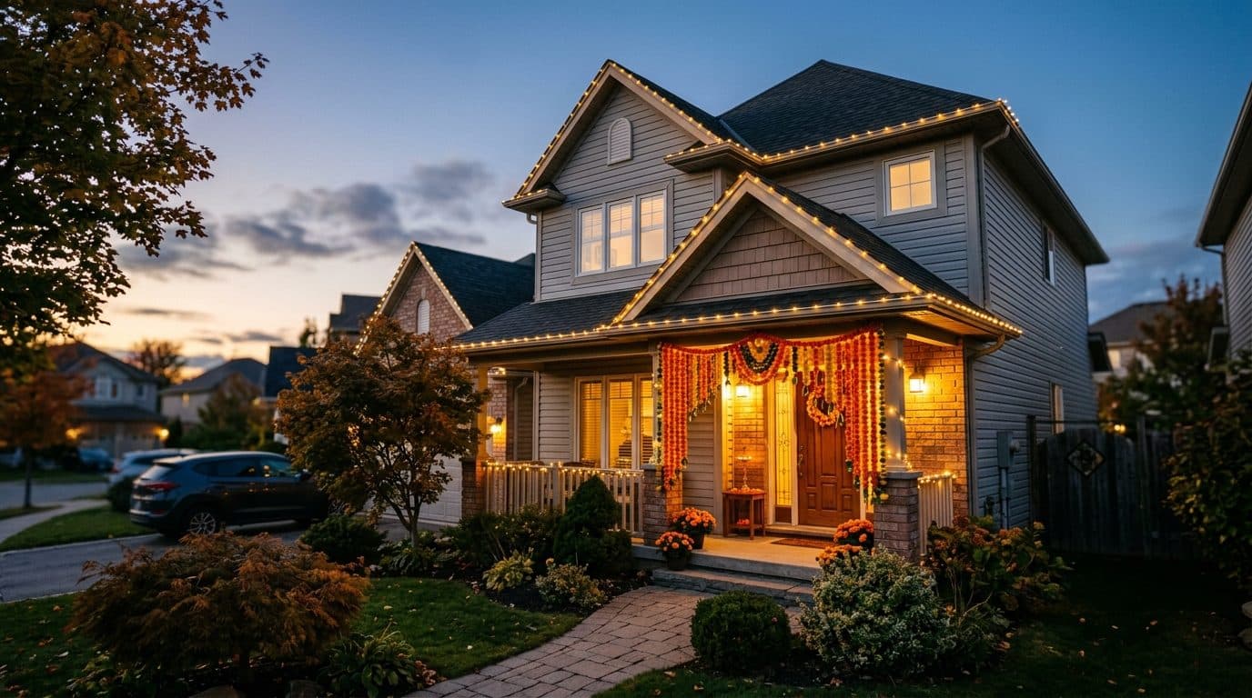 A Canadian suburban house strung with warm festival lights and marigold garlands at dusk.