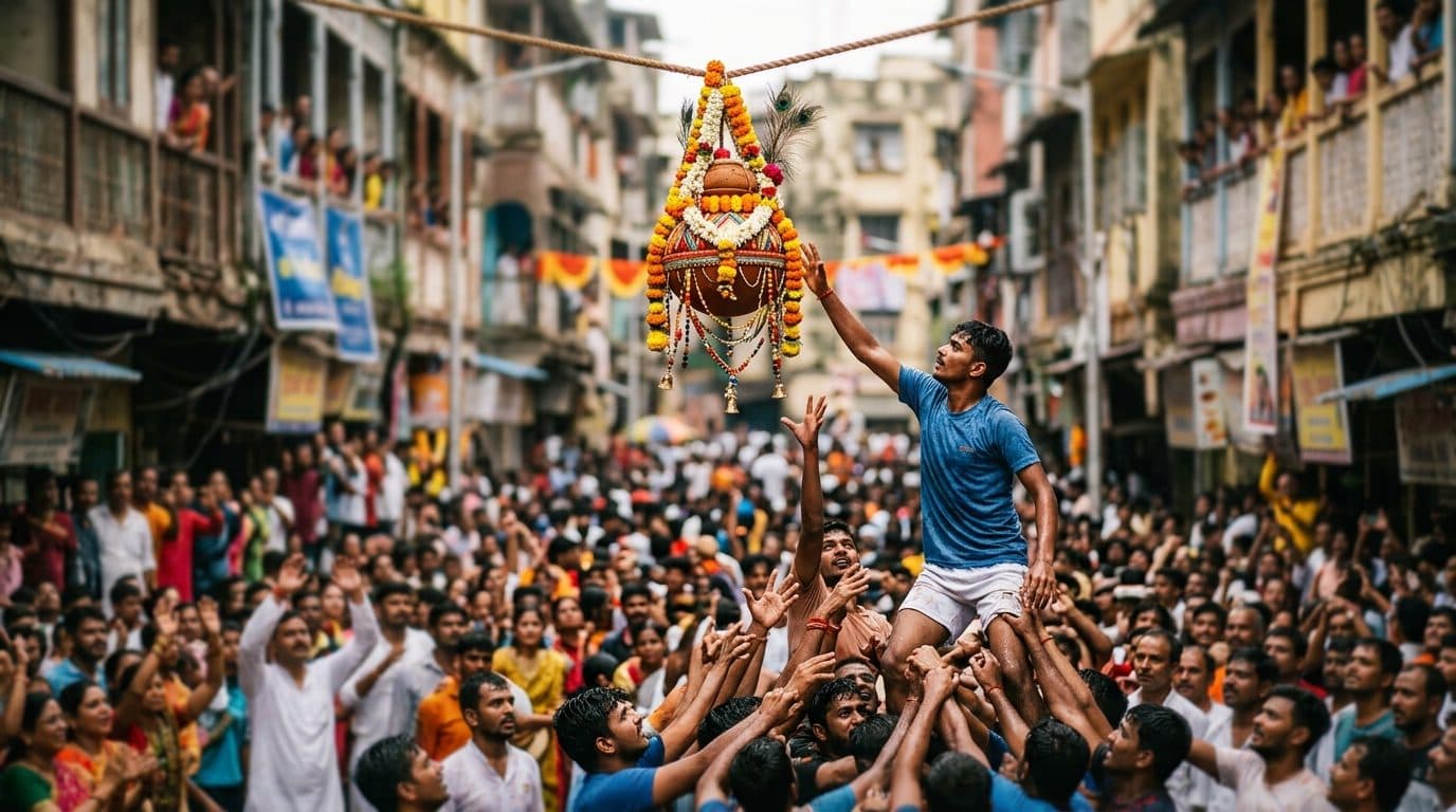 A flower-decorated dahi handi pot hung above a crowd on Janmashtami.