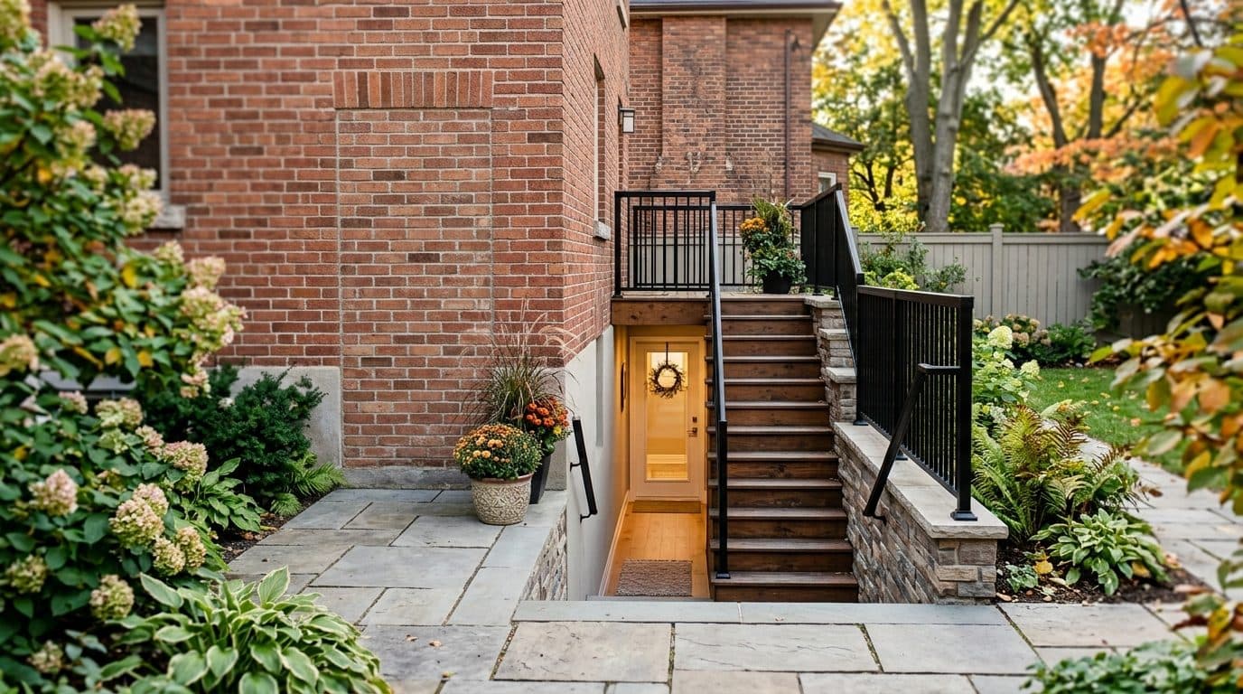 A separate side entrance at grade with steps down to a legal basement apartment in an Ontario house.