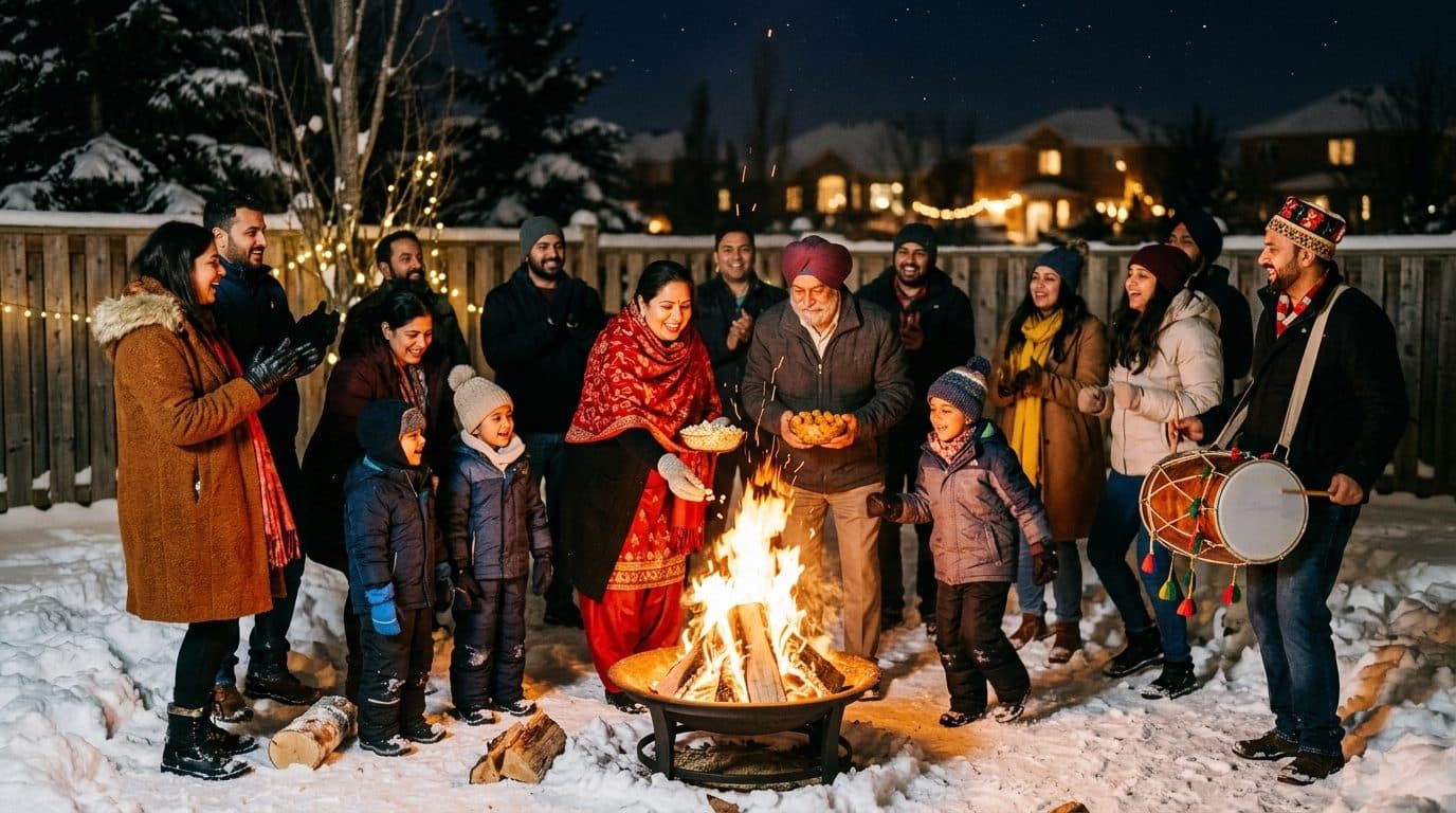Families gathered around a Lohri bonfire on a snowy Canadian winter night.