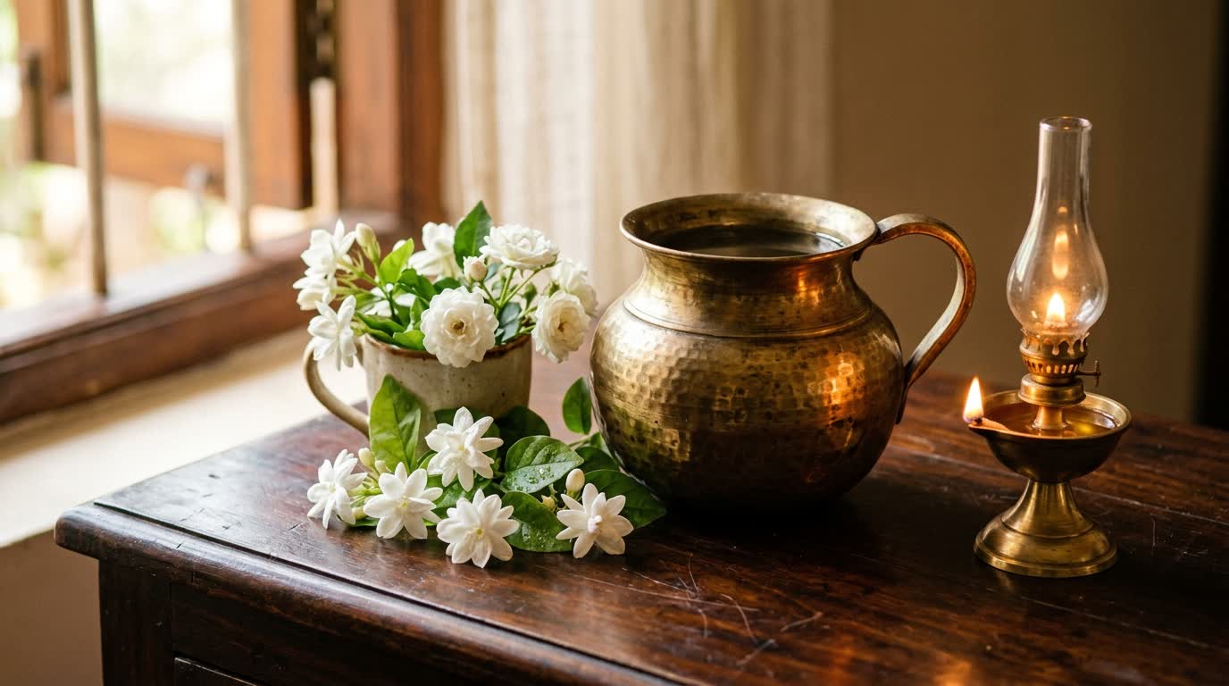 A brass water vessel and white flowers beside a single lit oil lamp on dark polished wood.