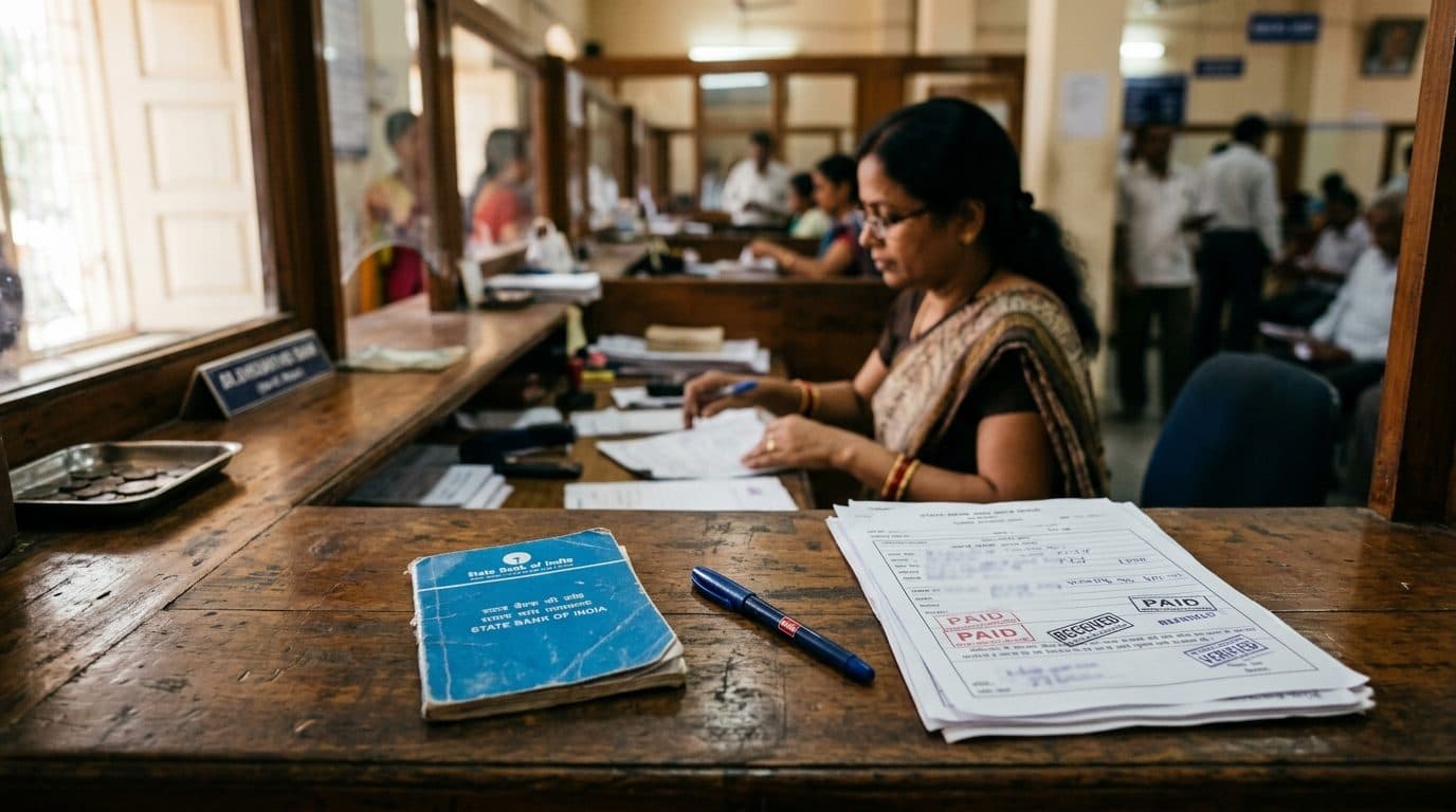 A bank counter in India with a passbook and stamped forms on the desk.