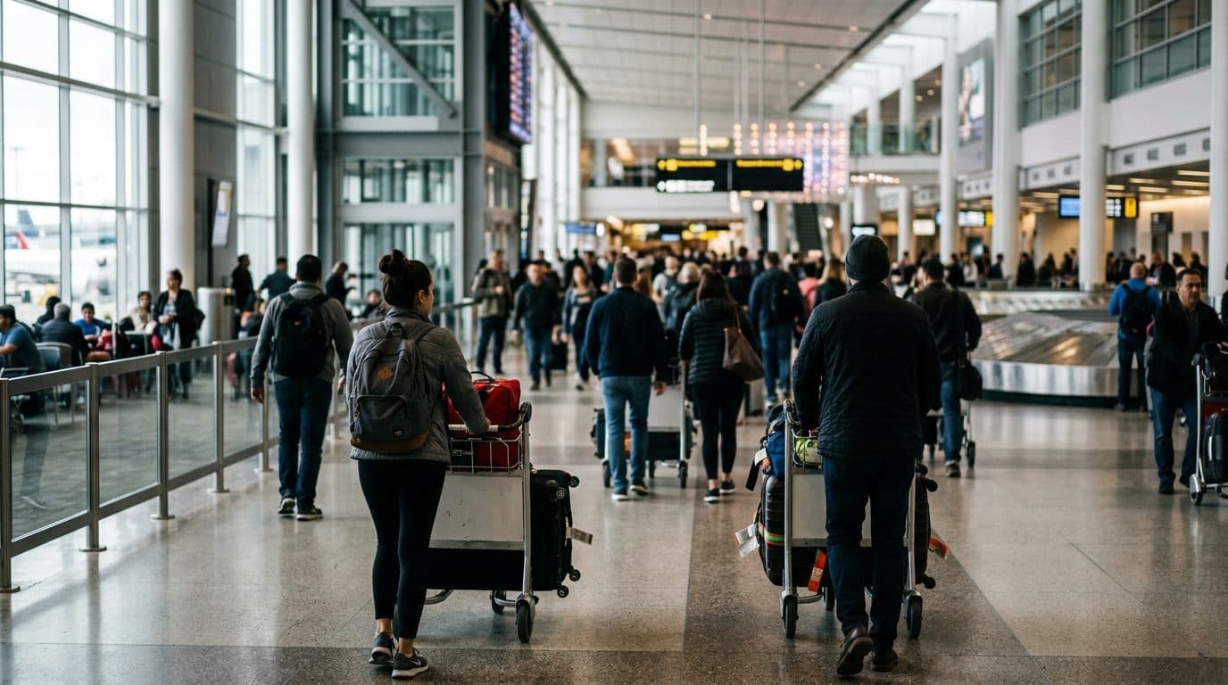 Travellers with luggage trolleys in the arrivals hall at Toronto Pearson.