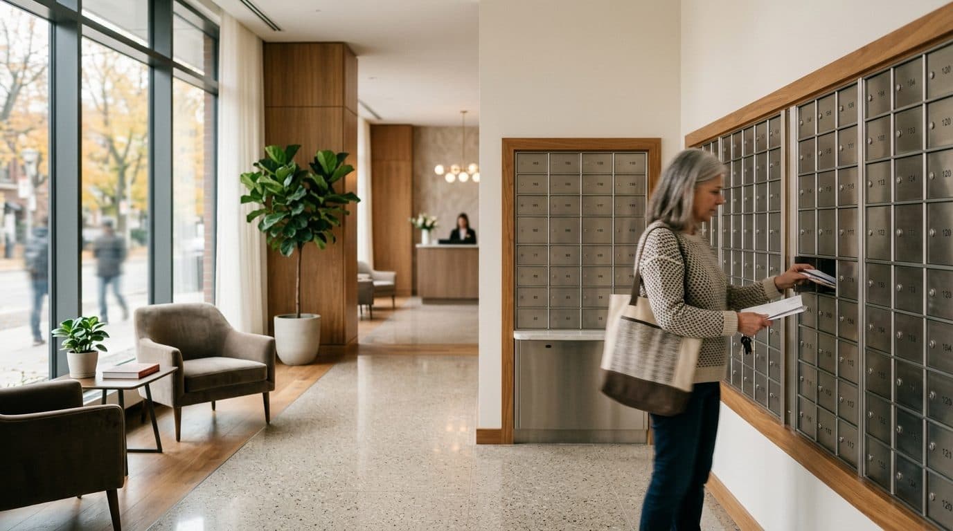 The lobby and mailroom of a well-maintained Ontario condominium building.