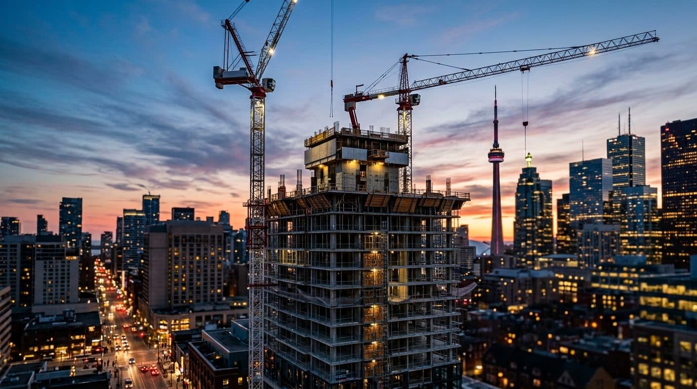 A condominium tower under construction with tower cranes against the Toronto skyline at dusk.