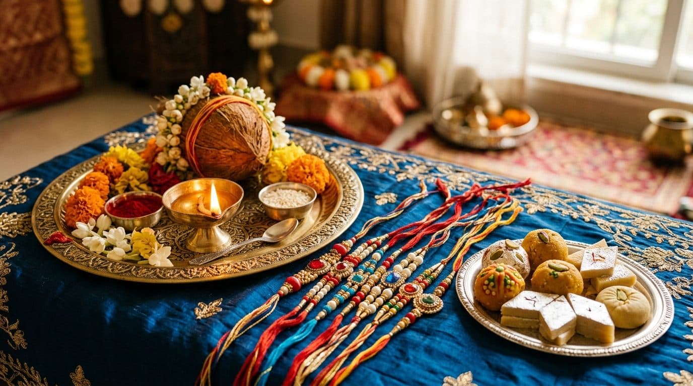 Rakhi threads and a decorated puja thali of sweets laid out for Raksha Bandhan.