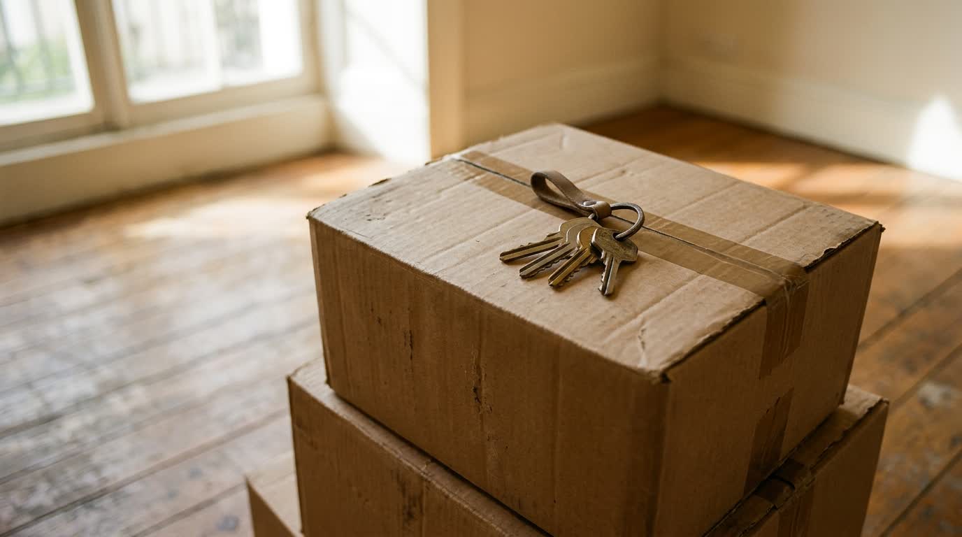 Cardboard moving boxes stacked in an empty sunlit room, a set of keys on the top box.
