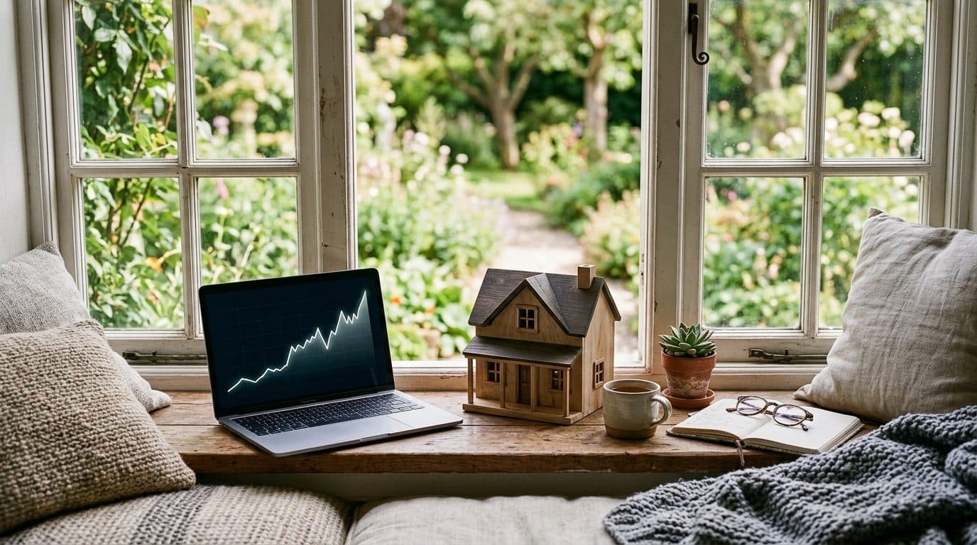 A laptop showing a rising line chart beside a small model house on a window sill.