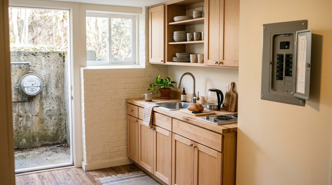A basement apartment kitchenette with its own electrical panel and a separate meter.