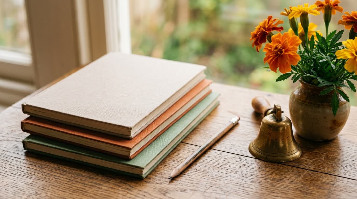 A stack of school notebooks and a pencil beside a small brass bell and yellow marigolds.