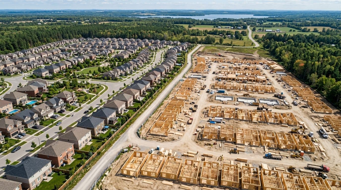 An Ontario housing development from the air, one phase finished and landscaped beside a second still framed in lumber.